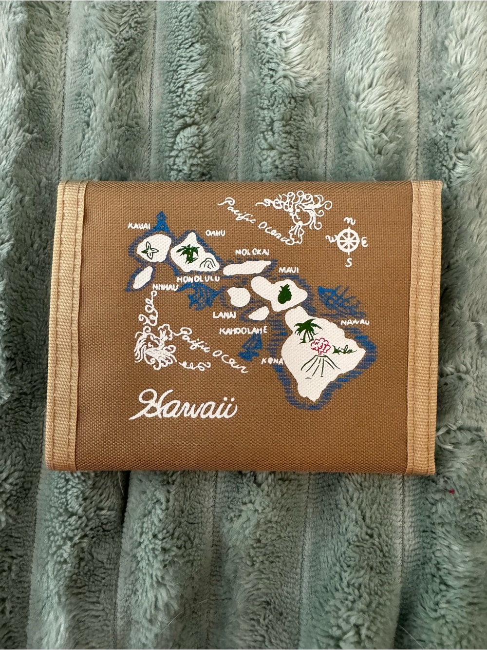 VINTAGE 1981 Never used Hawaii Map Canvas Wallet in Brown with Blue & White Emb